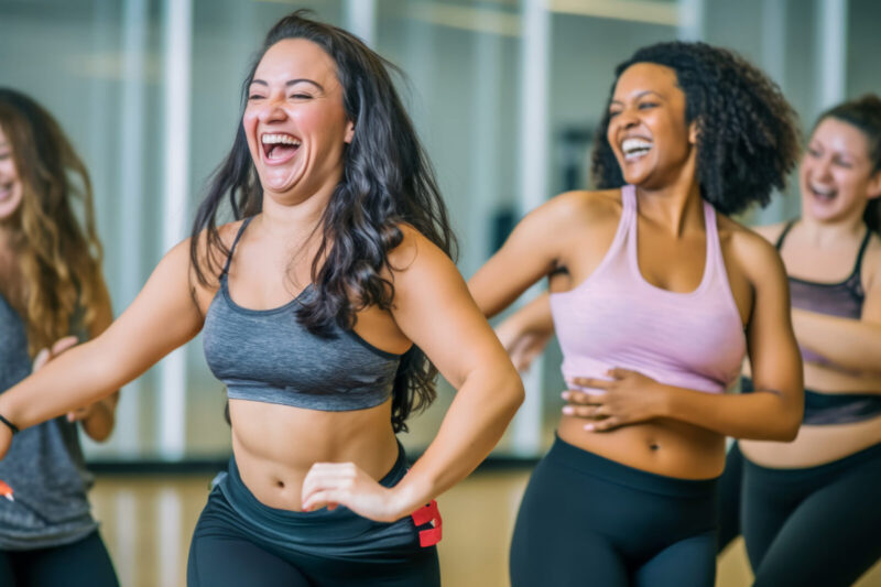 Middle aged women enjoying a joyful dance class, candidly expressing their active lifestyle through Zumba with friends, generative ai