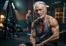 A old man with a beard stands in a gym with a large white beard.